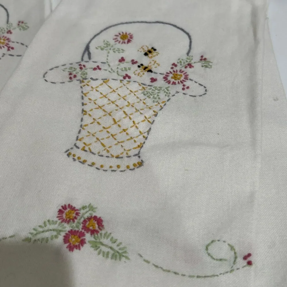 Set of 2 Hand Embroidered Cream Dish Tea Towels Floral Basket Bees